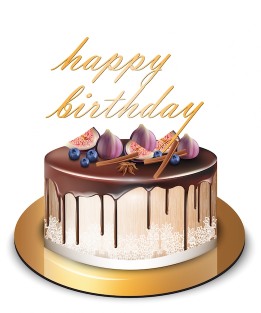 Premium Vector | Happy birthday modern cake with fig fruits