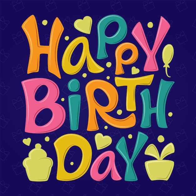 Happy Birthday multicolored hand lettering sign on dark blue