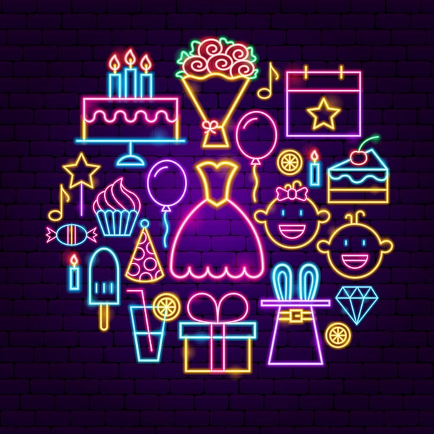 Happy birthday neon concept. vector illustration of party promotion.