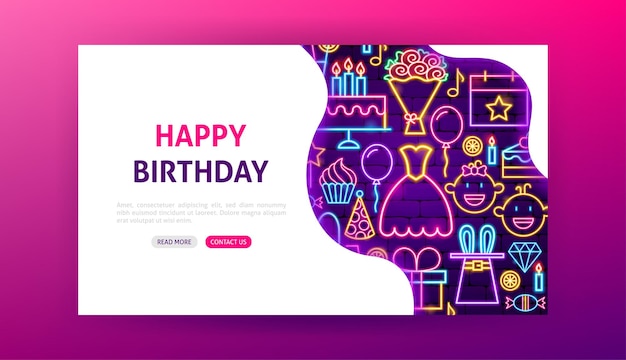 Vector happy birthday neon landing page. vector illustration of party promotion.