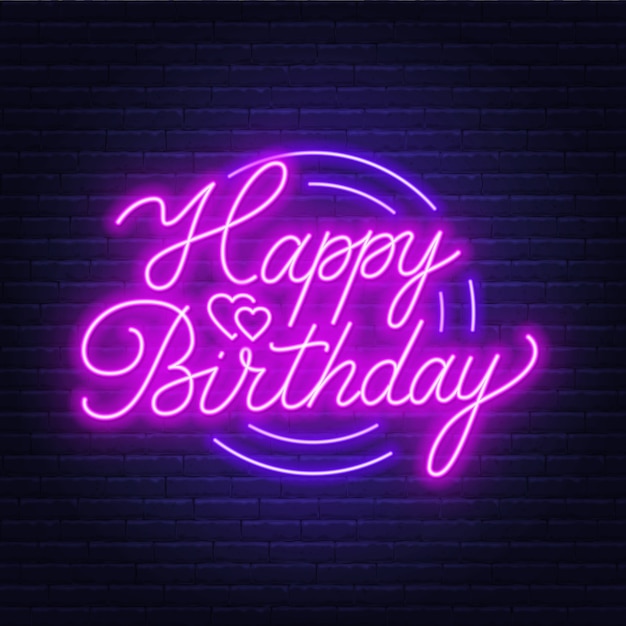 Insegna al neon di buon compleanno biglietto di auguri su sfondo scuro.