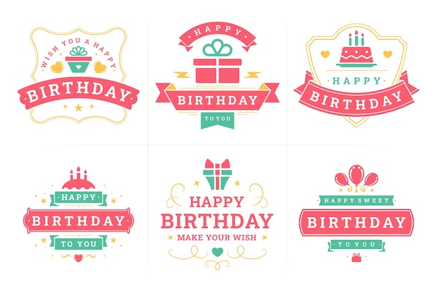 Vector happy birthday old fashioned label and badge set greeting card congratulations design vector flat