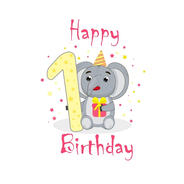 Happy birthday one party yellow pink gift elephant illustration eps 10