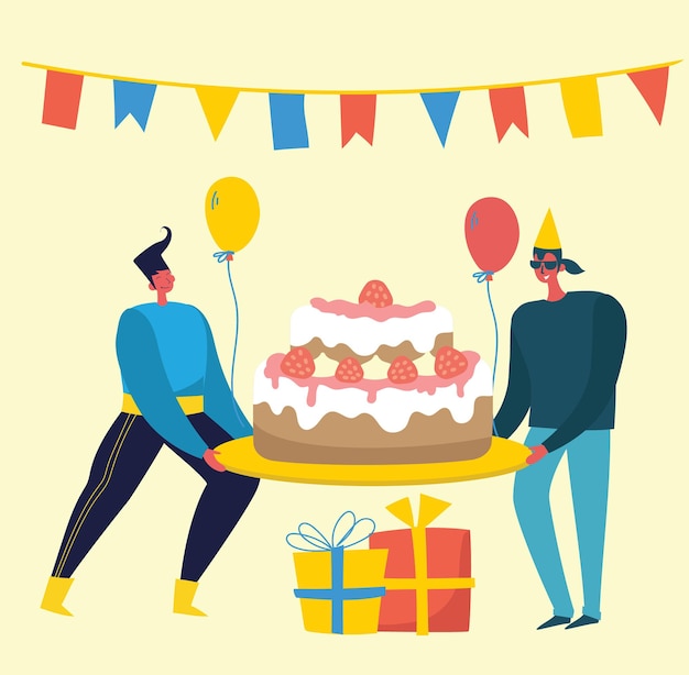 생일 축하 파티 배경. 사람들의 행복 그룹은 밝은 배경에 축하합니다. 플랫 스타일의 일러스트레이션