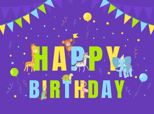 Vector happy birthday party banner template invitation card poster with cute african animals vector