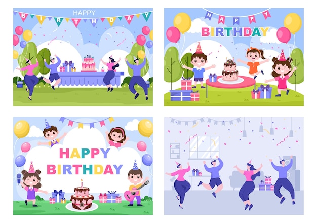 Happy Birthday Party Celebrating Illustration with Balloon, Hats, Confetti, Gift and Cake Design