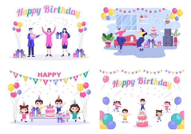 Happy Birthday Party Celebrating Illustration with Balloon, Hats, Confetti, Gift and Cake Design