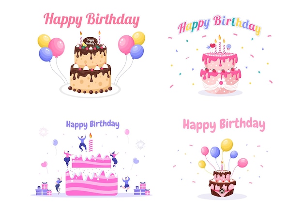 Happy birthday party celebrating illustration with balloon, hats, confetti, gift and cake design