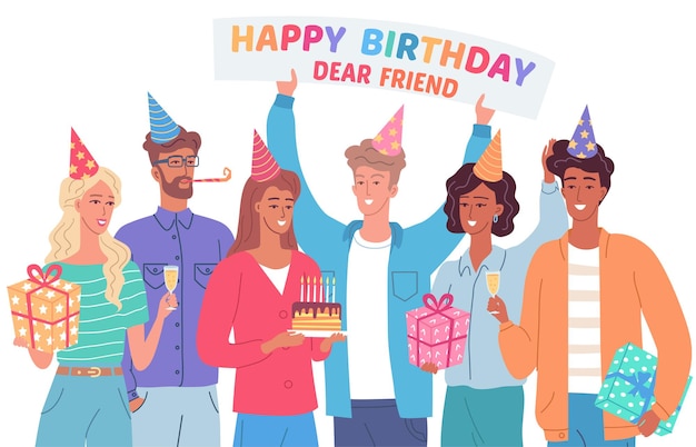 Happy birthday party celebration with best friends greeting card illustration