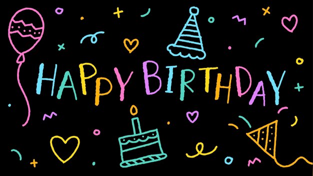 Vector happy birthday party confetti colorful doodle neon black background border frame card rectangle