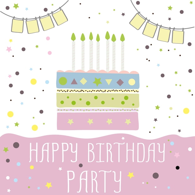 Happy birthday party cute card with cake and candles Vector illustration