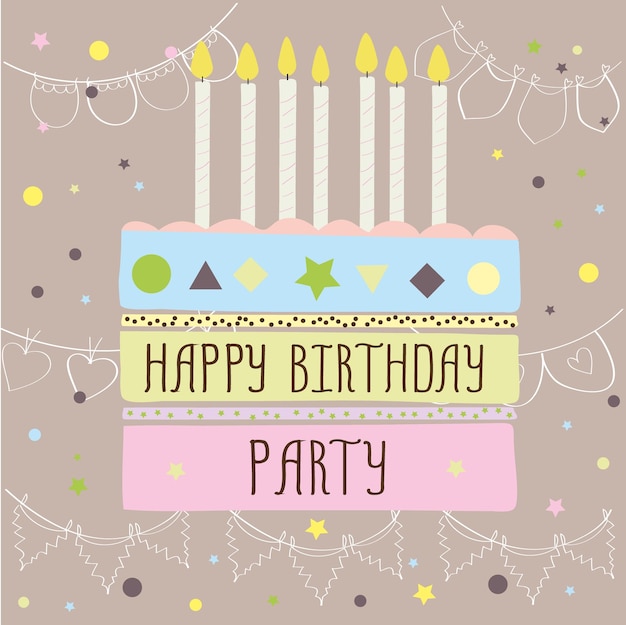 С днем рождения милая открытка с тортом и свечами. Векторная иллюстрация