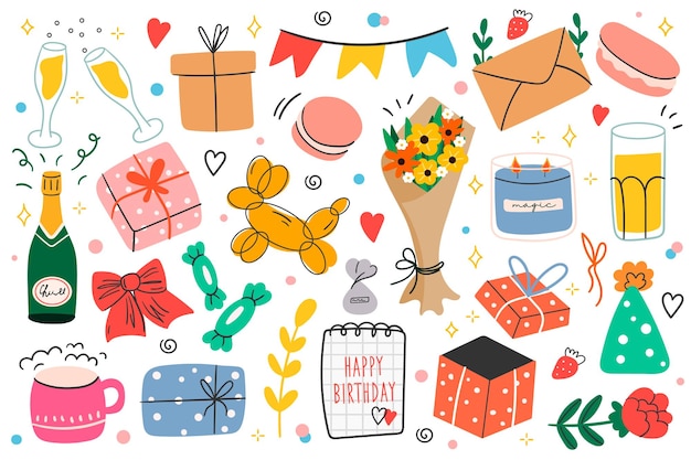 Happy Birthday Party Doodle met geschenken, ballonnen en cadeautjes Celebration Design Elements Vector illustration