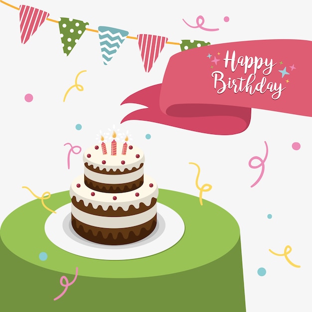 Happy birthday party greeting card with cake and candles