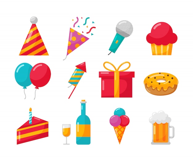 Vector happy birthday party icons set on white