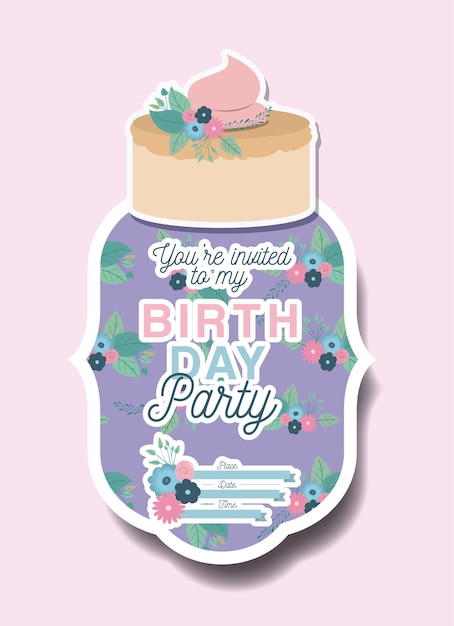 Happy birthday party invitation with floral decoration and cake