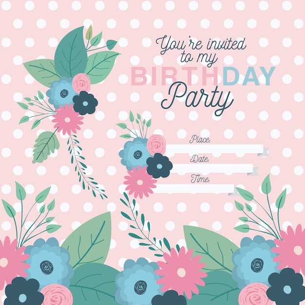 Vector happy birthday party invitation with floral decoration