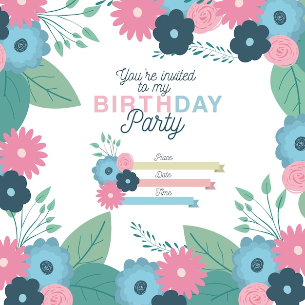 Vector happy birthday party invitation with floral decoration