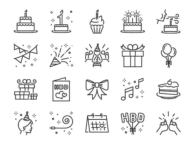 Vector happy birthday party line icon set.