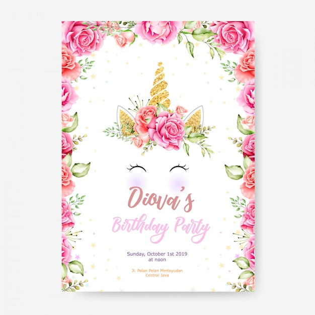 Vector happy birthday party poster template with cute unicorn graphic and flower frame