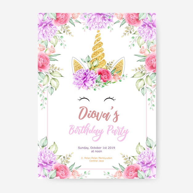 Vector happy birthday party poster template with cute unicorn graphic and flower frame