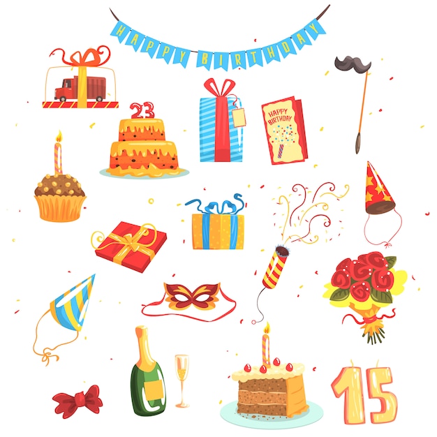 Vector happy birthday party set of isolated cute cartoon objects related to partying and celebrating