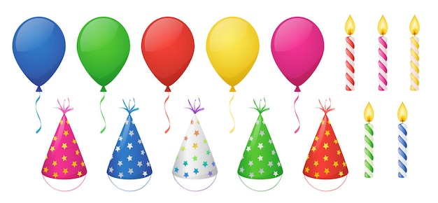 Happy birthday party set met gekleurde ballonnen, kegelhoeden en taartkaarsen. cartoon vectorobjecten voor feestelijke decoratie. opblaasbare luchtballonnen, spiraalvormige waxsticks en feestmutsen