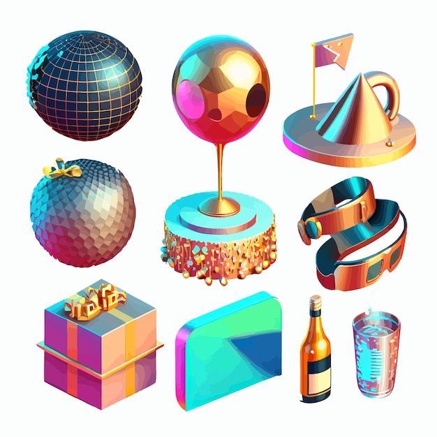 Happy birthday party set with disco ball hats cocktails and cake Isolated on background Cartoon vector illustration