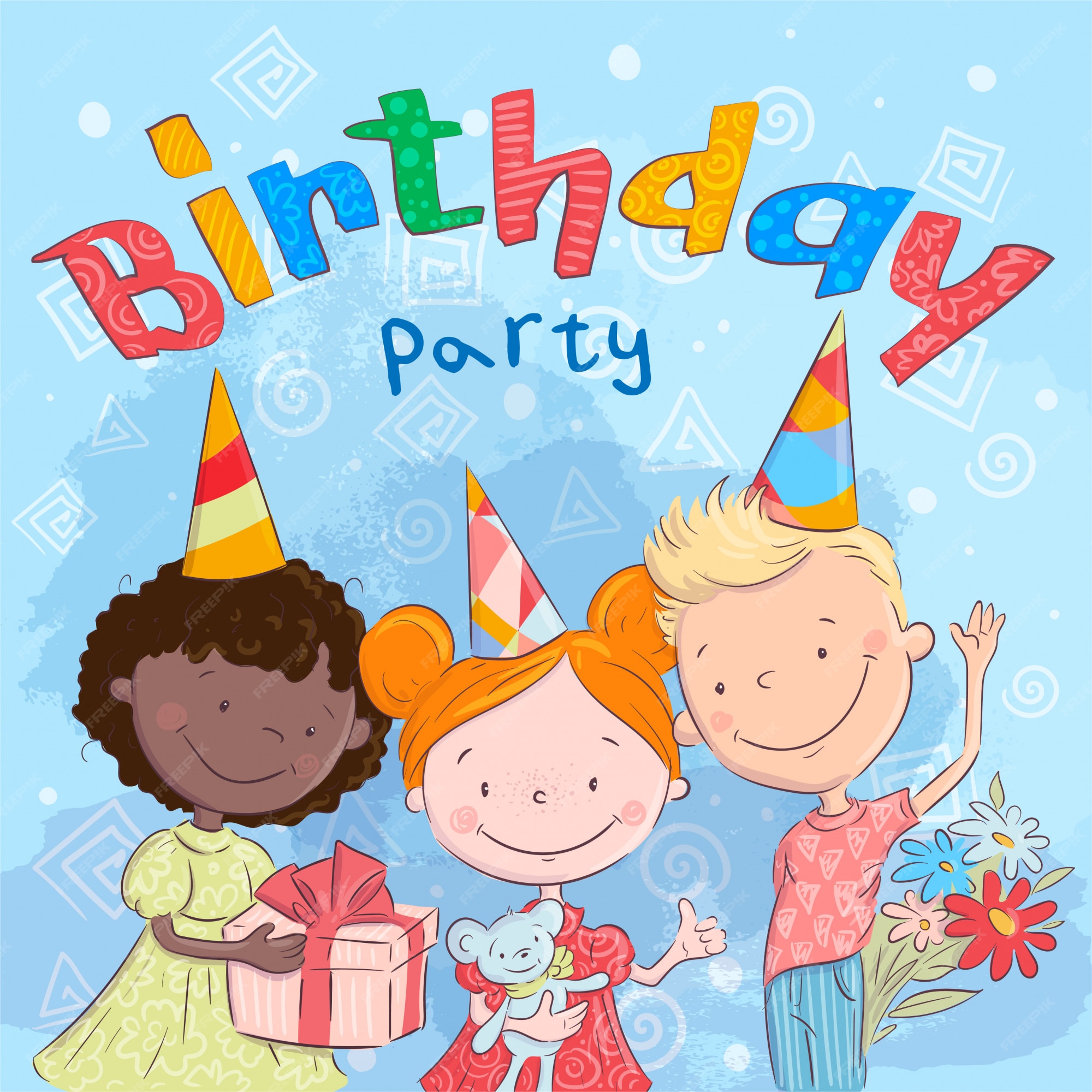 Premium Vector | Happy birthday party with cute kids with gifts. hand drawing. vector illustration cartoon style Premium Vector | Happy birthday party with cute kids with gifts. hand drawing. vector illustration cartoon style