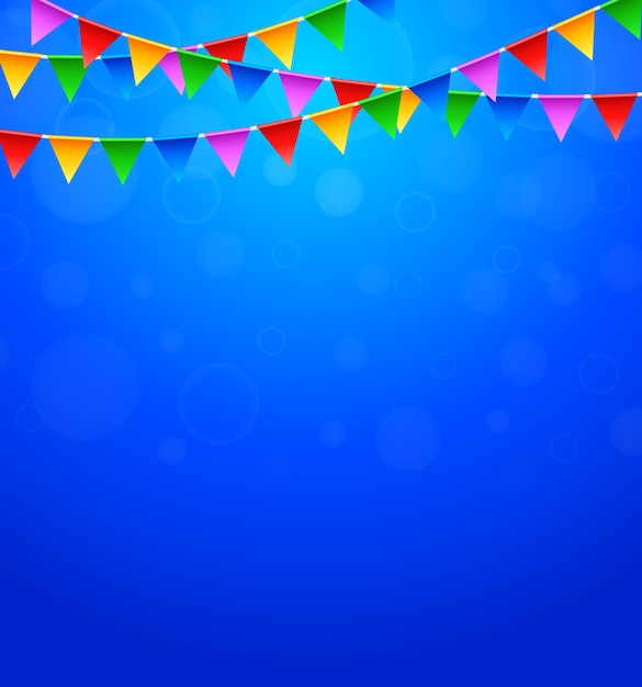 Happy birthday party with triangle flags in blue background