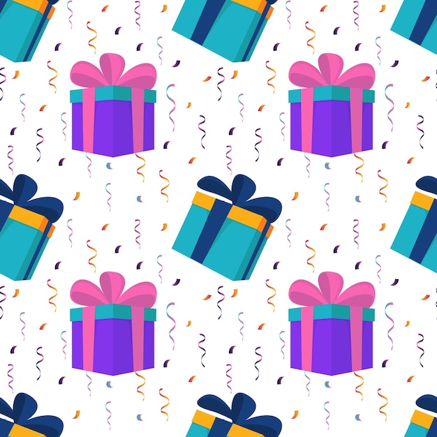 Happy birthday pattern with presents and confetti. vector illustration