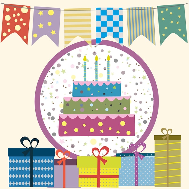 Happy birthday picture flags cake gifts Vector illustration