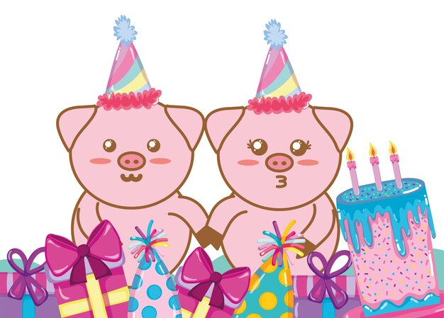 Vector happy birthday pigs cartoons