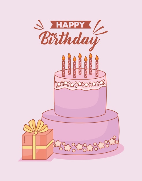 happy birthday postcard with cake and gift 