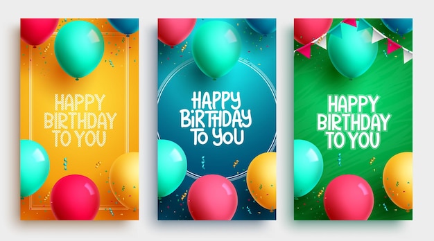 Happy birthday poster set vector design. Birthday greeting text collection with balloons