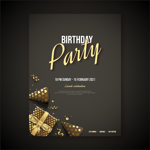 Vector happy birthday poster with gold writing and gold birthday hat.