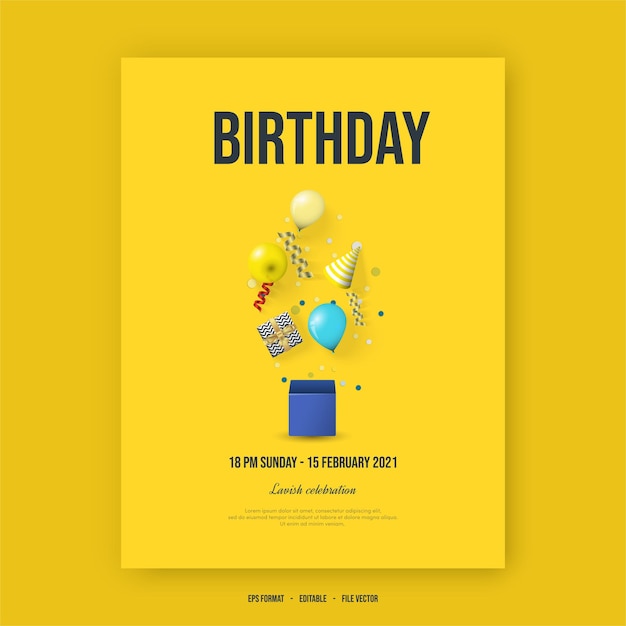 Happy birthday poster with illustration of balloons, gift box and birthday hat