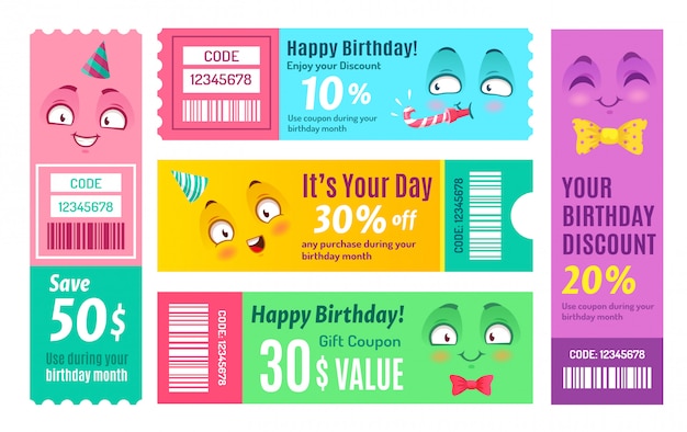 Buono promozionale di buon compleanno. buono anniversario, buoni regalo felici e set di codici coupon codice promozionale sorridente