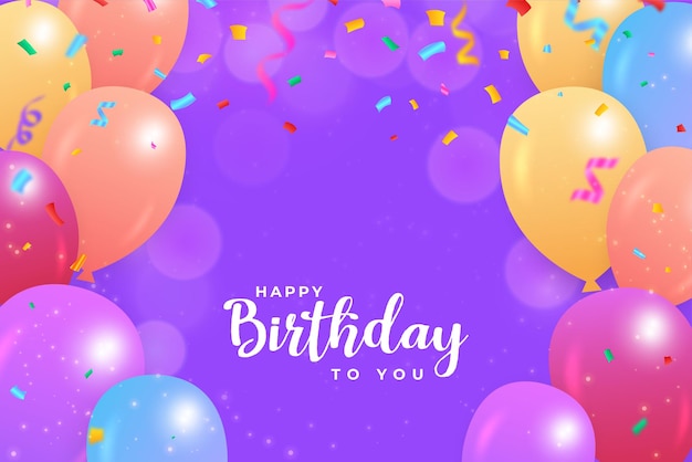 Happy birthday purple background with bokeh and balloons. happy birthday banner with colorful confetti. birthday celebration banner, realistic balloons, colorful ribbon, birthday bokeh background.