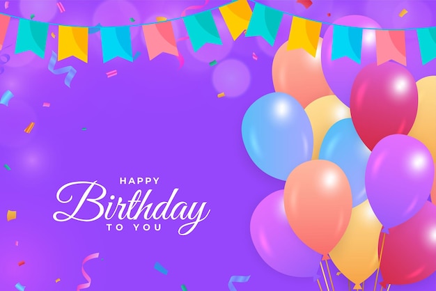 С днем рождения фиолетовый фон с красочными конфетти. с днем рождения с разноцветными воздушными шарами. баннер празднования дня рождения, реалистичные воздушные шары, красочные конфетти, фон дня рождения.