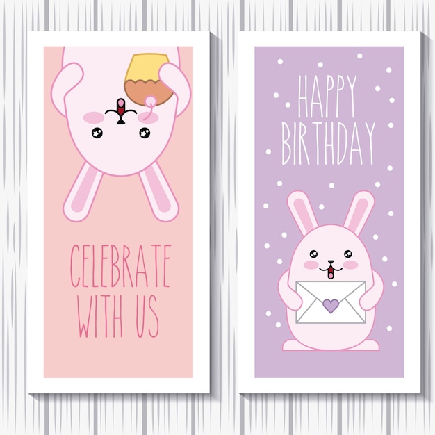 Felice compleanno conigli kawaii cartone animato celebrano la carta