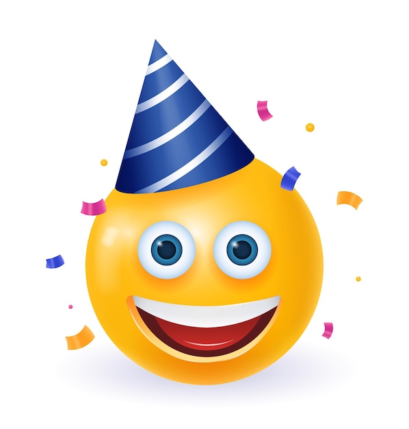 Vettore emoji realistiche di buon compleanno emoji festanti emoticon con corno e cappello da festa