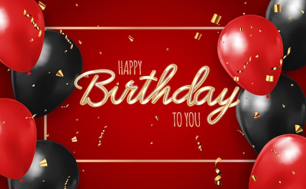 Vector happy birthday red background with realistic balloons.