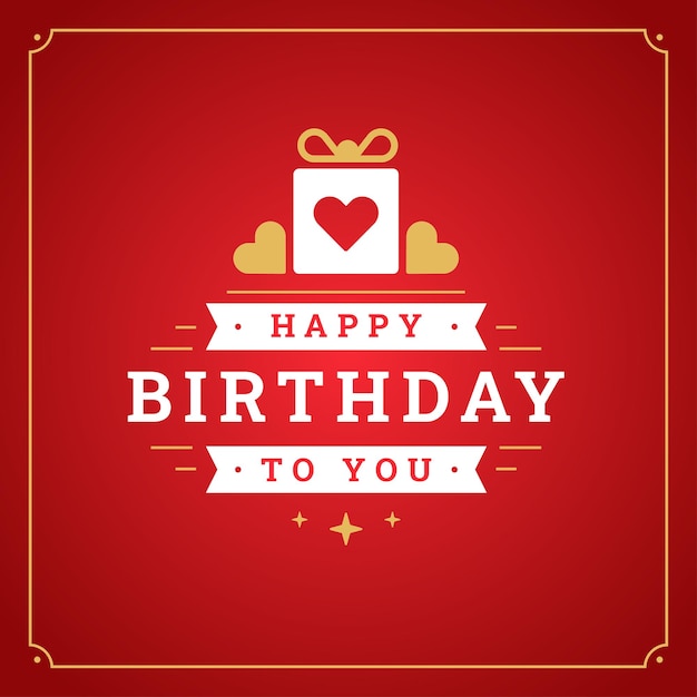 Happy birthday red vintage greeting card heart gift box typographic template vector flat