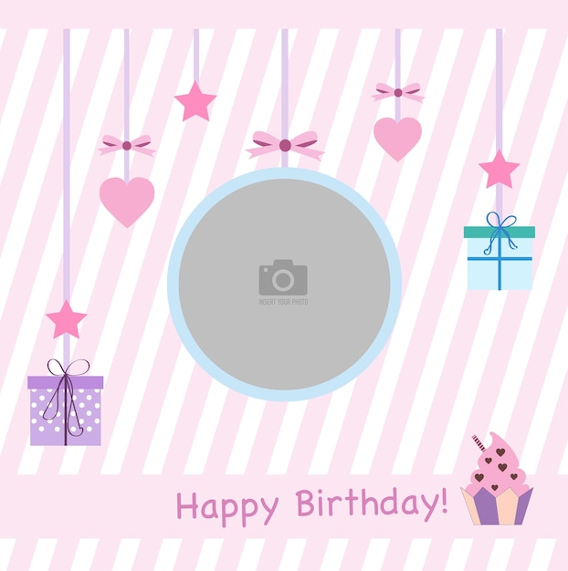 분홍색과 흰색 줄무늬 배경 벡터가 있는 어린이를 위한 생일 축하 라운드 사진 프레임