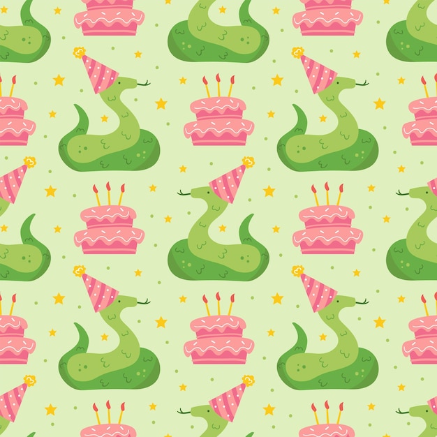 Happy birthday seamless pattern cute animal snake in holiday hat jungle reptile decoration cake