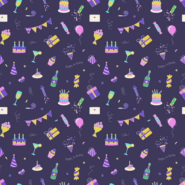 Vector happy birthday seamless pattern with birthday elements cakes gifts balloons and more