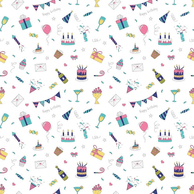 Vector happy birthday seamless pattern with birthday elements cakes gifts balloons and more