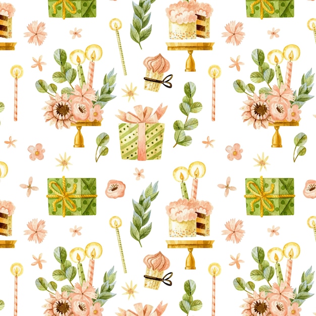 Happy birthday seamless pattern with cakes, flowers and gifts