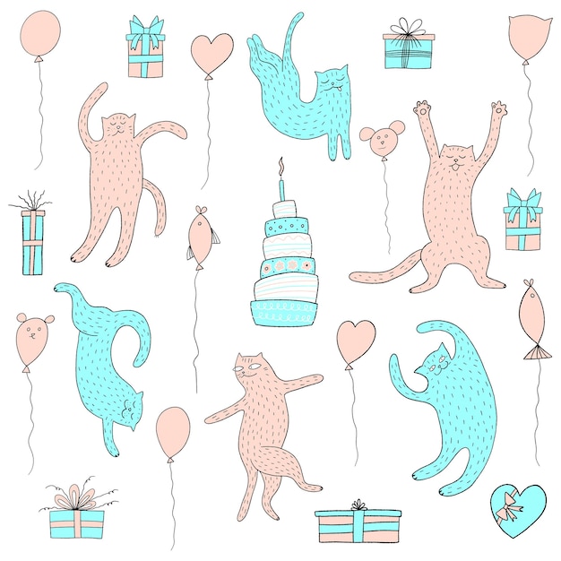 かわいい猫のケーキと風船でお誕生日おめでとうシームレスパターン誕生日パーティー